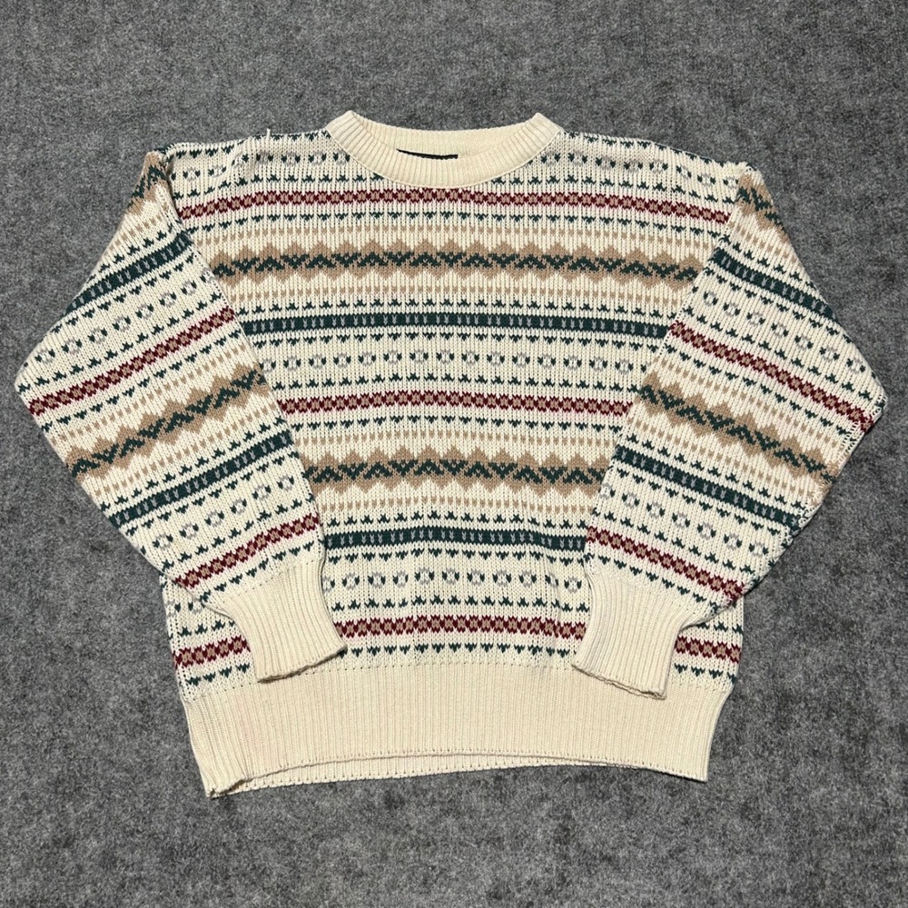 Flying Scotsman Vintage Fair Isle Crewneck Sweater Cream Green Red Size‎ Large
